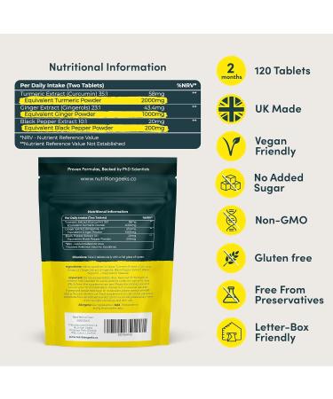 Nutrition Geeks Turmeric Tablets 2000 mg with Black Pepper & Ginger High Strength Curcumin Supplements Vegan and Gluten Free UK Made 120 Count - Buy Online on GoSupps.com