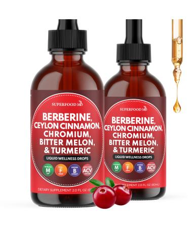 Berberine with Ceylon Cinnamon Supplement Liquid Drops + Bitter Melon Extract Glucomannan Gymnema Chromium Turmeric Organic Panax Ginseng Moringa 4oz 2 Fl Oz (Pack of 2)