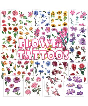 Konsait 24 Sheets Realistic Floral Temporary Tattoos That Look Real and Last Long For Women Girls Flower Fake Tattoos Waterproof Tattoos For Kids Girls Body Art Multi-Colored Tattoo Stickers Goodie Bag Stuffers Party Fav...