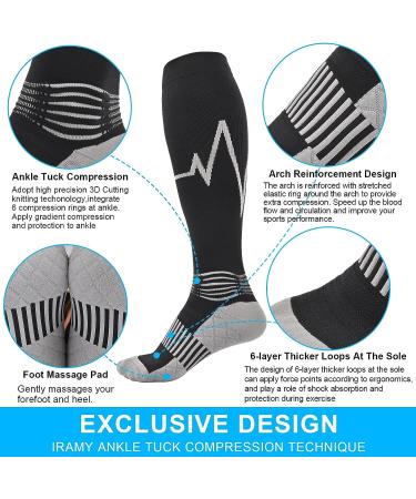 IRAMY Compression Socks 2 Pairs for Women & Men | Ankle & Arch Support - Foot Massage Pad | 20-30 mmHg Knee High | X-Large Black-Grey - Buy Online on GoSupps.com