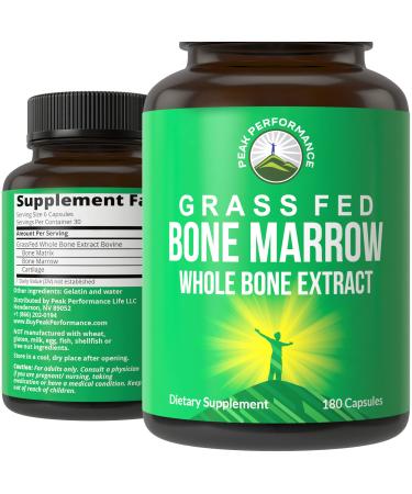 Grass Fed Bone Marrow - Whole Bone Extract Supplement 180 Capsules by Peak Performance. Superfood Pills Rich in Collagen, Vitamins, Amino Acids. from Bone Matrix, Marrow, Cartilage. Ancestral Tablets