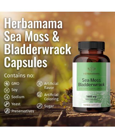 HERBAMAMA Sea Moss Capsules - Organic Irish Sea Moss Bladderwrack Supplement - 100 Vegetarian Capsules for Immunity, Thyroid, Digestive Health & Joint Support - Non-GMO Superfood (1 Pack) - Buy Online on GoSupps.com