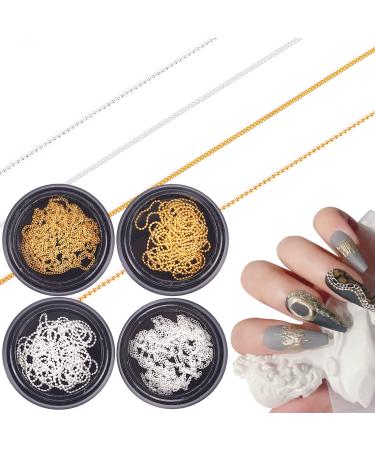 Niceneeded 4 stripes metal nail art chains long nail chains nail jewelry with box 3D nail jewelry made of gold and silver nail art studs for manicure decoration and DIY