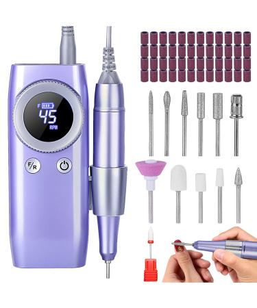 Professional 45000 RPM Nail Drill   Rechargeable Electric Nail File Machine E File for Acrylic Nails Gel Polishing Removing  Portable Cordless Efile with Bits Kit for Manicure Salon Home Purple