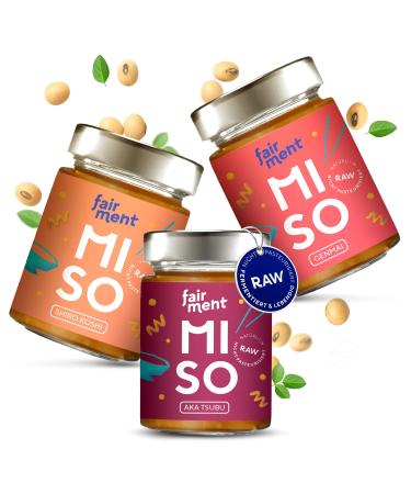 Fairy Bio Miso Paste Tasting Package |3 delicious vegan varieties - Genmai Shiro Koshi & Aka Tsubu Miso |Gulten -free |Miso pasteurized authentically according to Japanese recipe in 200g glass