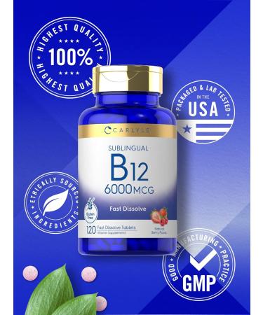 Carlyle Vitamin B-12 6000mcg Fast Dissolve Tablets - 120 Count | Natural Berry Flavor | Vegetarian, Non-GMO, Gluten-Free Sublingual Supplement - Buy Online on GoSupps.com