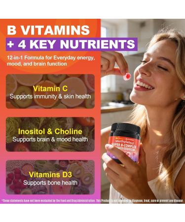 Methylated B Complex Vitamins for Women Men, Active Form Super Vitamin B Gummies, Multivitamin B Complex, B Vitamins Supplement w/Methyl B12 1000 mcg, Methylfolate for Energy, Focus, Vegan 60cts - Buy Online on GoSupps.com