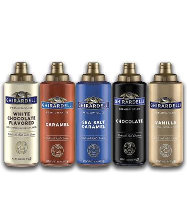 Ghirardelli Sauce 5 Flavor Variety Pack & Burlap Gift Sack - 16oz Black Label Chocolate, Caramel, Sea Salt Caramel, Vanilla & White Chocolate - Perfect for Ice Cream & Coffee Flavoring - Buy Online on GoSupps.com