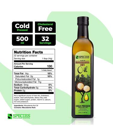 Species Nutrition Macadamia Nut Oil - Healthy Cooking Oil for Stir Fry, Sweet & Buttery Taste, Omega 9 Monounsaturated Fats, Balanced Omega 3 & 6 Fats (32 Servings) - Buy Online on GoSupps.com