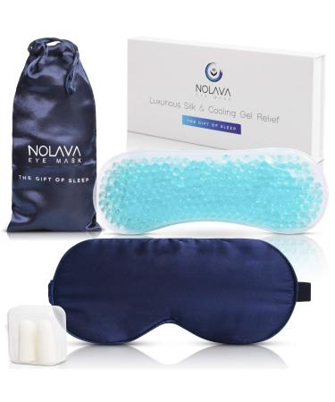 100% Pure Mulberry Silk Sleep Eye Mask - Light Blocking Sleeping Mask with Adjustable Band - Cooling Gel Pack Insert for Puffiness - Beautiful Gift for Women Moms & Men | NOLAVA Blue - Silk