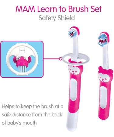 MAM Baby's Brush Set (2 Training Toothbrushes 1 Safety Shield) Baby Toothbrushes with Brushy the Bear Interactive App For Boy 5+ Months Blue - Buy Online on GoSupps.com