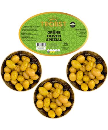 Trobst 3 Pack Green Olives Special with stone real green blackboard naturally matured and fermented aromatic (3x170 gr) 3x170 G green olive special