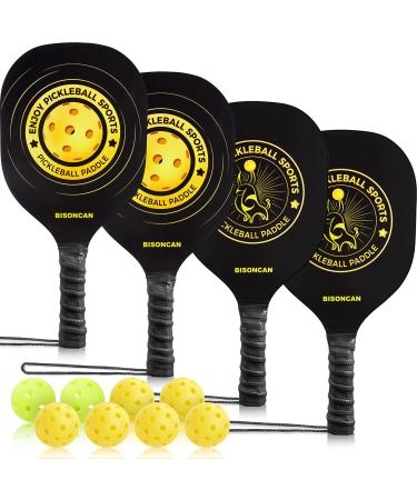 BISONCAN Pickleball Paddles - Pickleball Balls Set, Pickleball Rackets Set with Ergonomic Cushion Grip Indoor & Outdoor Pickleball Balls & Carry Bag Black-yellow All wood