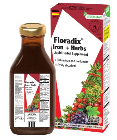 Flora Floradix Iron + Herbs Supplement Liquid Extract Formula 8.5 fl oz (250 ml)