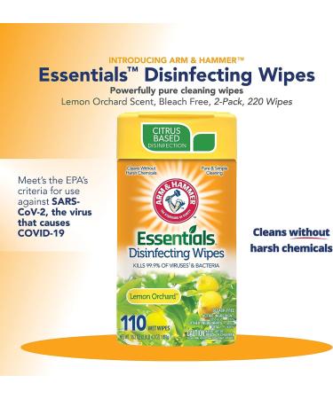 Arm & Hammer Essentials Lemon Orchard Disinfecting Wipes 2-Pack - 220 Wipes - Buy Online on GoSupps.com
