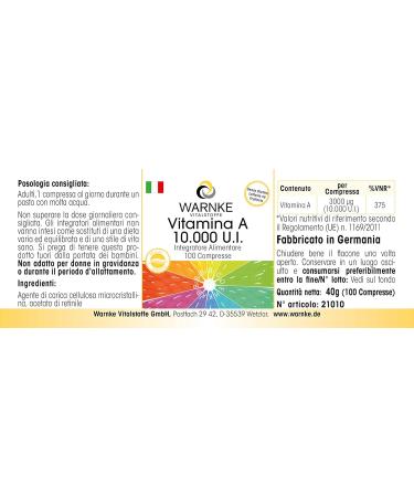 Vegan Vitamin A 10000 I.U. Supplement - 100 Tablets by Warnke Vitalstoffe - Buy Online on GoSupps.com