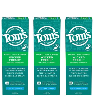 Tom's of Maine Wicked Fresh! Natural Fluoride Anticavity Toothpaste Cool Peppermint 3 Pack 4.0oz Peppermint 4 Ounce (Pack of 3)