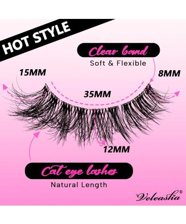 Veleasha Natural Fluffy Cat Eye Lashes | 7 Pairs C Curl 8-15mm Faux Mink Eyelashes - 100% Handmade | Soft Clear Band False Eyelashes (C01 - Buy Online on GoSupps.com