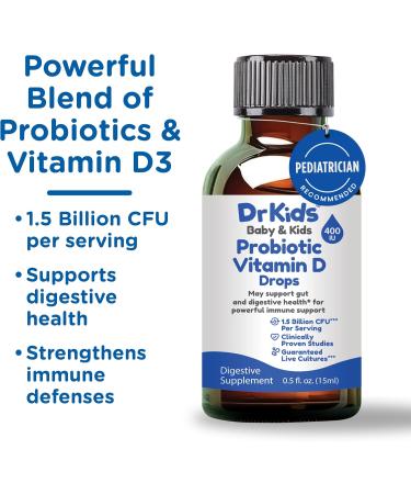 Dr. Kids Probiotic Vitamin D Drops Supports Infant & Child Gut Health Helps Reduce Gas Colic & Fussiness Baby Probiotic Drops with Vitamin D3 Pediatrician Recommended Unflavored 0.5 fl oz 0.5 Fl Oz (Pack of 1) - Buy Online on GoSupps.com