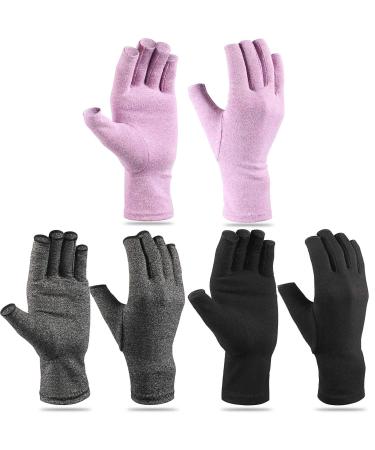 3 Pairs Compression Craft Arthritis Hands Gloves Fingerless Pressure Joint Relief for Quilting Sewing Typing Household Duties Black, Gray, Purple Medium (3 Pair)