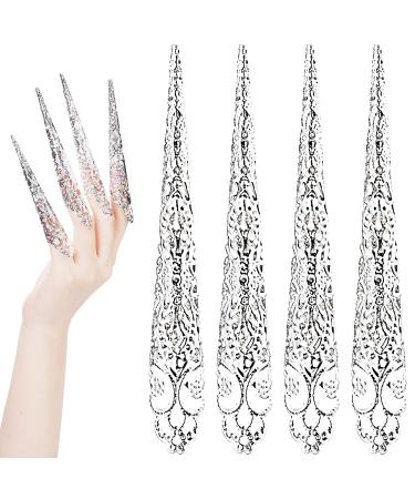ANCIRS 10 Pack Finger Nail Tip Claw Rings, Ancient Queen Costume Fingertip Claw Nail Rings Decoration Accessory, Finger Knuckle Protectors for Halloween Cosplay Drama Dance Show- Silver Color 10pcs Silver