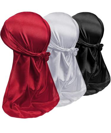 3PCS Silky Durag Pack for Men Waves Satin Doo Rag for 360 540 720 Waves Ideal Gifts for Father's Day (Red+White+Black) (3 packs)-red white black