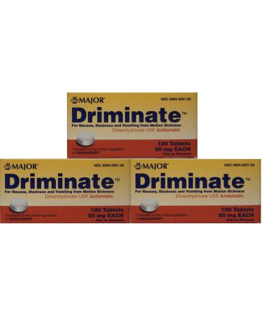 Driminate Generic for Dramamine Motion Sickness 50 mg Anti Nausea 100 ea PACK of 3
