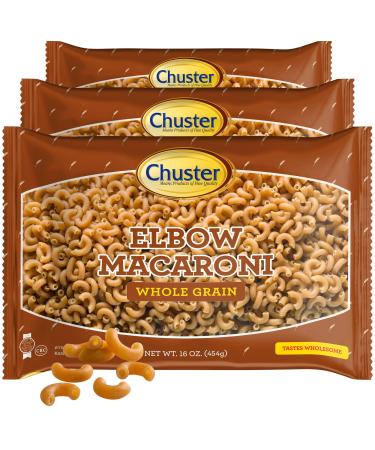 Chuster Whole Grain Elbow Macaroni Noodles | This Elbow Pasta is High in Fiber & Vitamins But Low in Calories, Carbs & Fat | Cooks In 15 Minutes | Low Sodium, Kosher Pareve | 16 Ounces, 3 Pack Whole Grain Elbow 3 Pack
