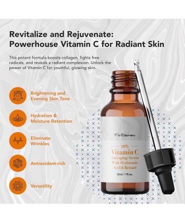 F'eDoren 20% Vitamin C Face Serum - Vitamin C Facial Serum with Hyaluronic Acid Green Tea Aloe Vera - 30 mL Aloe Vera Facial Serum - Made In Canada - Buy Online on GoSupps.com