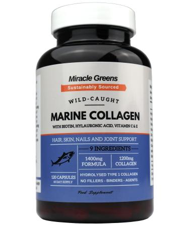 Marine Collagen 1400mg | 120 Capsules with Biotin Hyaluronic Acid Vitamin C E B2 Zinc Copper & Iodine | Hydrolysed Type 1 Collagen for Skin Hair and Joints | from Sustainable North Sea Fish