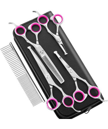 Round Tip Dog Grooming Scissors Kit - Titanium Coated Stainless Steel Set for Small Pet Cat Dog - Thinning/Straight/Curved Shears with Comb and Case in Pink - Buy Online on GoSupps.com