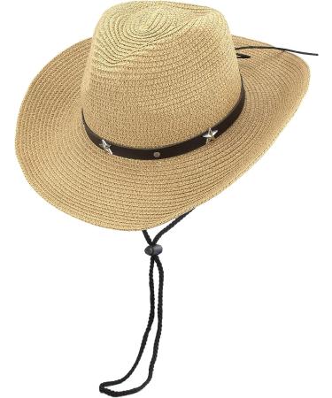 Khaki Straw Cowboy Cowgirl Hat with Wide Brim Sun Protection - Men Women Western Style - Buy Online on GoSupps.com
