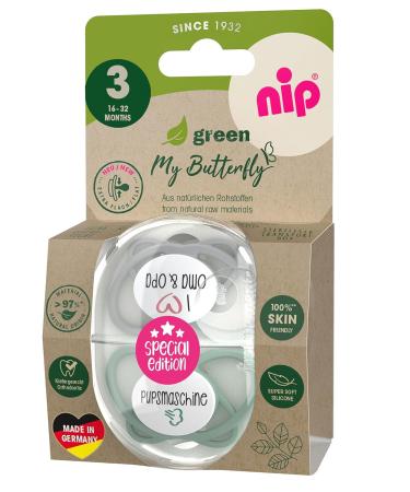 Nip Schnuller My Butterfly Green Special Edition | Eco-Friendly Silicone Pacifier for 16-32 Months | Grandma & Grandpa Pups Design - Buy Online on GoSupps.com