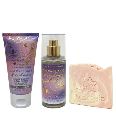 Bath & Body Works Snowflakes & Cashmere Mini Fragrance Mist and Body Cream Bundle with a Himalayan Salts Springs Sample Soap - Travel Size