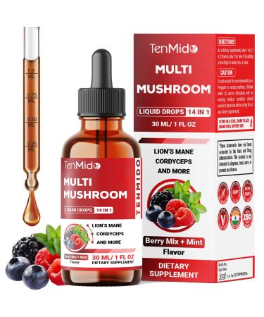 Tenmido Mushroom Complex - Herbal Liquid Drops - 14in1 with Lions Mane Cordyceps Reishi Turkey Chaga Shiitake Ashwagandha Bacopa Gotu Kola and More - 30ml 1 Fl Oz