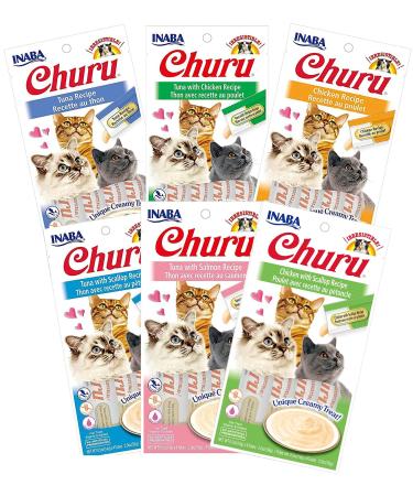 INABA Churu Lickable Pure Wet Treat for Cats - No Grains, No Preservatives, with Added Vitamin E and Green Tea - 6 Flavor Pack of 24 Tubes