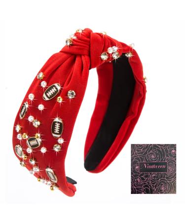 Women's Fashion Football Headband Black Red Orange Blue Pearl Rhinestone Jeweled Knotted Headband for Girl's Fashion Cute Wide Headband for Mother's Day Christmas Birthday Gift Football headband-red