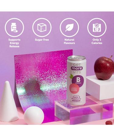 Get More Vits - B Vitamins Sparkling Apple & Raspberry Flavoured Spring Water (12 x 330ml) Supports Energy Release Tackle Tiredness & Fatigue Natural Flavours Sugar Free Low Calorie Vegan - Buy Online on GoSupps.com