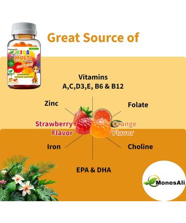 MonesAli Kids Multivitamin Gummies with Iron & Probiotics Vegan Gelatin-Free Halal Orange & Strawberry Flavors 90 Count - Buy Online on GoSupps.com