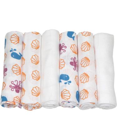 MuslinZ 6pk Baby Muslin Squares Burp Cloths, Dribble Cloth, Breastfeeding Cover - Sealife Print 100% Pure Cotton 70x70cm | Absorbent & Breathable - Buy Online on GoSupps.com