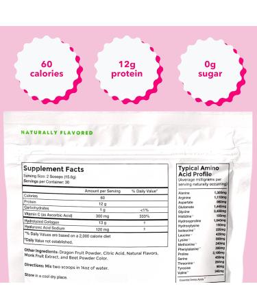 Pinky Collagen Peptides with Hyaluronic Acid & Vitamin C - Dragon Fruit Flavor (1lb/474g), Supports Skin, Hair, and Gut Health, 13g Hydrolyzed Collagen, Zero Sugar, High in Protein, Naturally Flavored - Buy Online on GoSupps.com