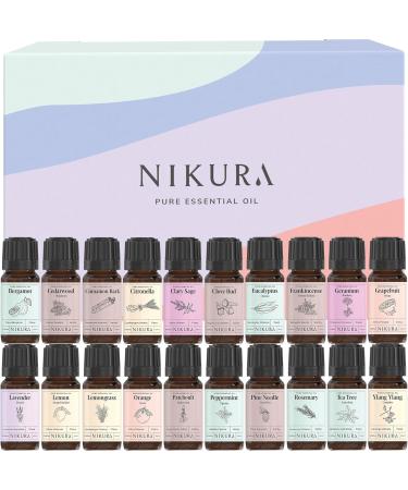 Nikura Top 20 Essential Oil Gift Set - 20 x 10ml | Home Aromatherapy Set with Lavender, Lemon, Peppermint, Tea Tree & More | Pure & Natural Oils for Diffuser | Strong Fragrance for Sleep and Scalp - Buy Online on GoSupps.com
