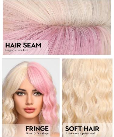 WOKESTAR Bob Curly Wig 12 Blonde Pink Highlights | Short Synthetic Wavy Wig for Women - Buy Online on GoSupps.com
