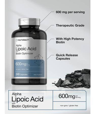Alpha Lipoic Acid 600mg - 240 Capsules with Biotin | Non-GMO, Gluten-Free | Horbaach - Buy Online on GoSupps.com