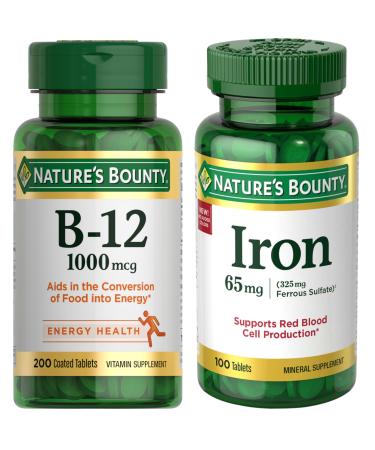 Nature's Bounty Energy & Vitality Bundle: Vitamin B12 1000 Mcg Supplements (200 Count) for Energy Metabolism + Iron 65 Mg Tablets (100 Count) for Cellular Energy & Red Blood Cell Support