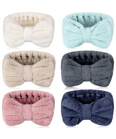 WILLBOND 6 Pack Microfiber Bowtie Headbands Elastic Makeup Headbands Wash Spa Yoga Sports Shower Adjustable Hair Band for Girls and Women (Pink Blue White Dark Grey Camel Cyan)