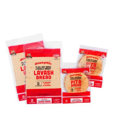 Joseph's 4-Pack Value Variety Bundle, Flax Oat Bran Whole Wheat 2 x Lavash Bread, Fresh Baked (8 Lavash Squares Total) and 2 x Pita Bread (12 Pita Loaves Total) 4 Piece Assortment