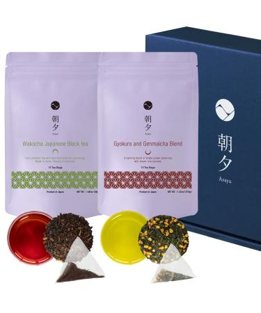 Asayu Japan Green - Timeless Brew Gift Set (Wakocha and Genmaicha with Gyokuro) 30 Tea Bags 100% Made in Japan Japanese Black Tea and Roasted Brown Tea with Gyokuro Powder - Timeless Brew Japanese Tea Set