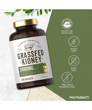 Organic Grass Fed Beef Kidney Supplement | 3000mg | 200 Capsules | Dried & Desiccated | No Preservatives | Herbage Farmstead - Buy Online on GoSupps.com