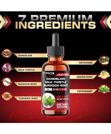 Tenmido Dandelion Root Extract Drops - Herbal Liquid Supplement - 7in1 with Milk Thistle Burdock Root Turmeric Artichoke Ginger and Peppermint - 30ml 1 Fl Oz - Buy Online on GoSupps.com